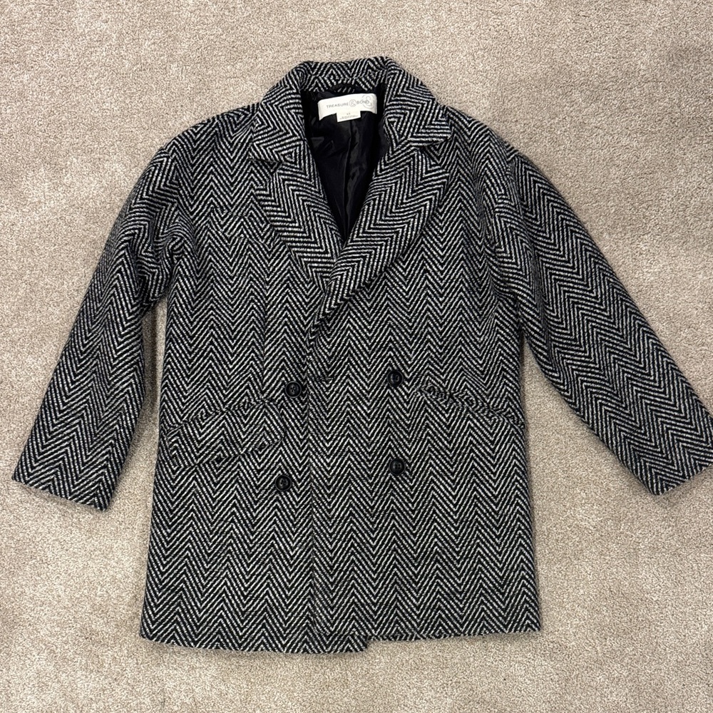 Women’s Herringbone Double-Breasted Coat - Black and Gray